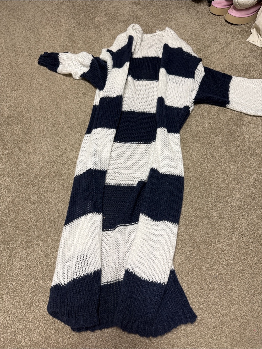 Amazon Women's Navy and White Chunky Knit Open Cardigan Sweater